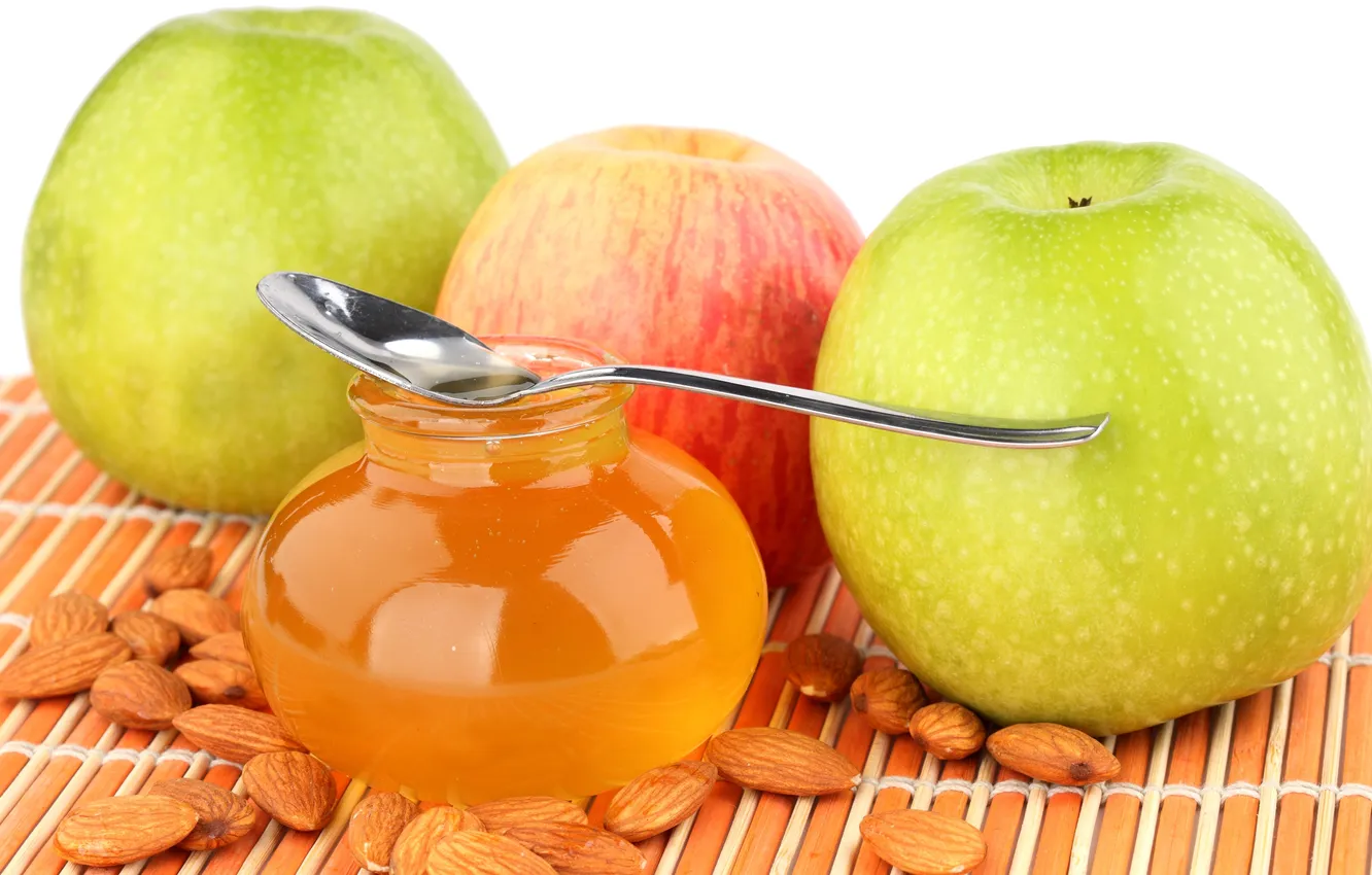 Фото обои яблоки, мед, ложка, банка, honey, миндаль