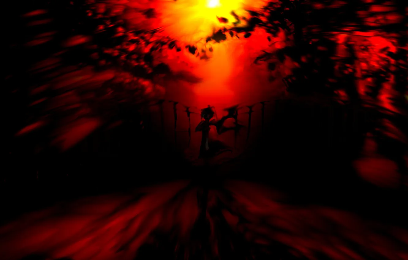Фото обои девушка, деревья, закат, ночь, забор, крылья, арт, touhou