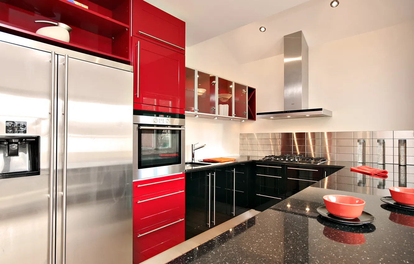 Фото обои красный, дизайн, стиль, комната, интерьер, кухня, квартира