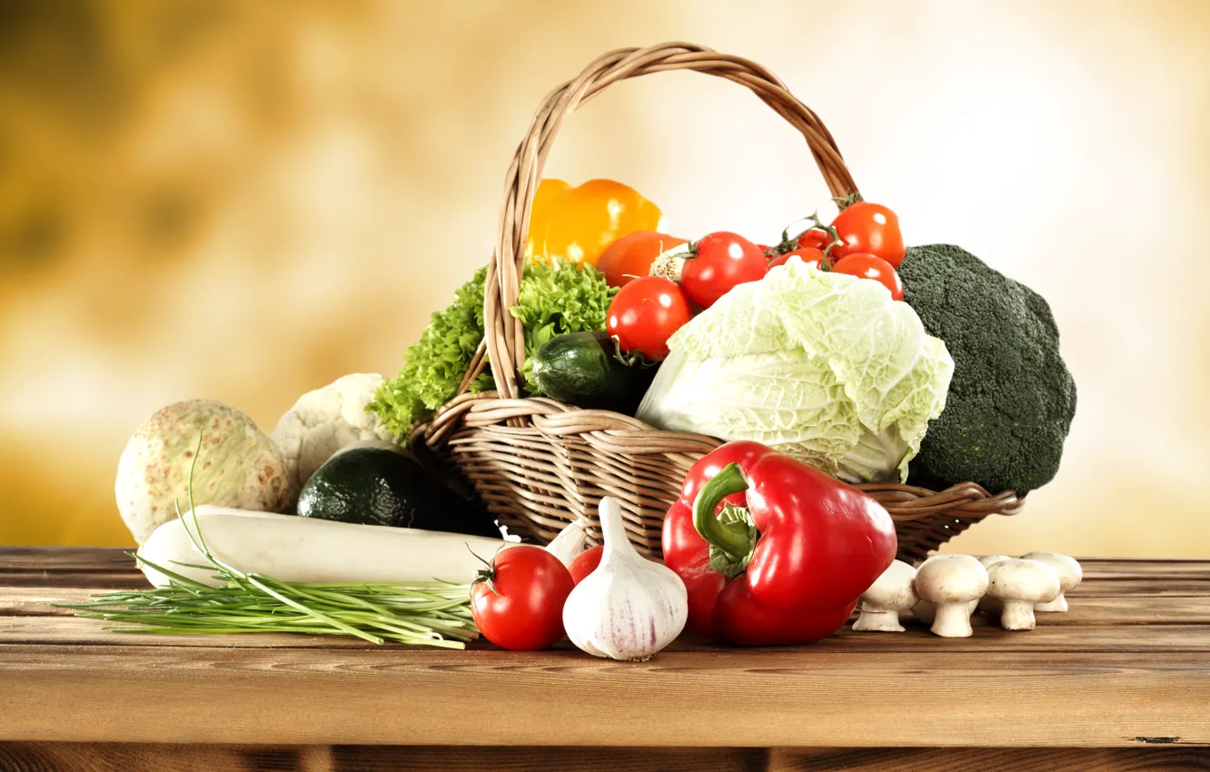 Фото обои корзина, грибы, перец, овощи, помидоры, капуста, огурцы