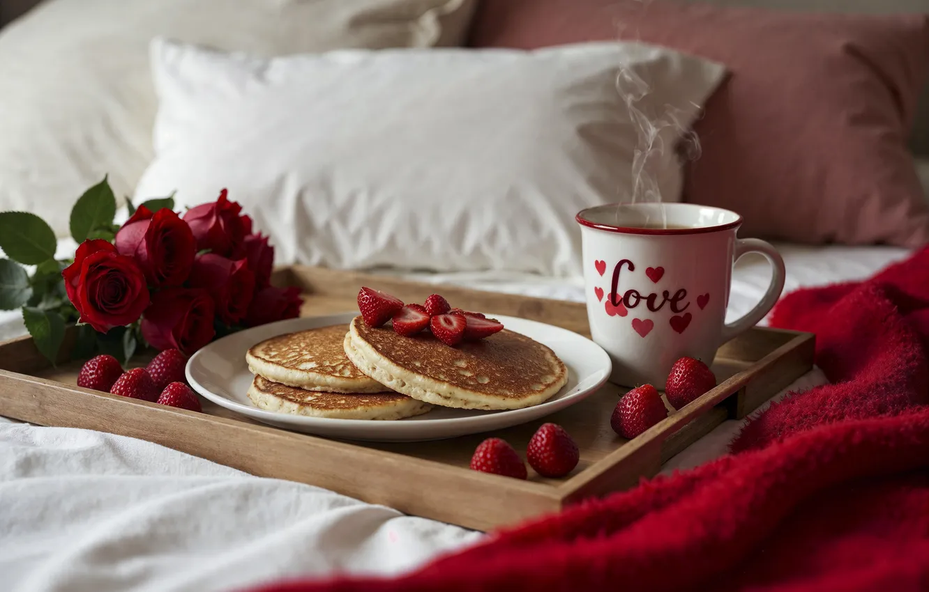 Фото обои любовь, цветы, романтика, сердце, розы, завтрак, love, happy