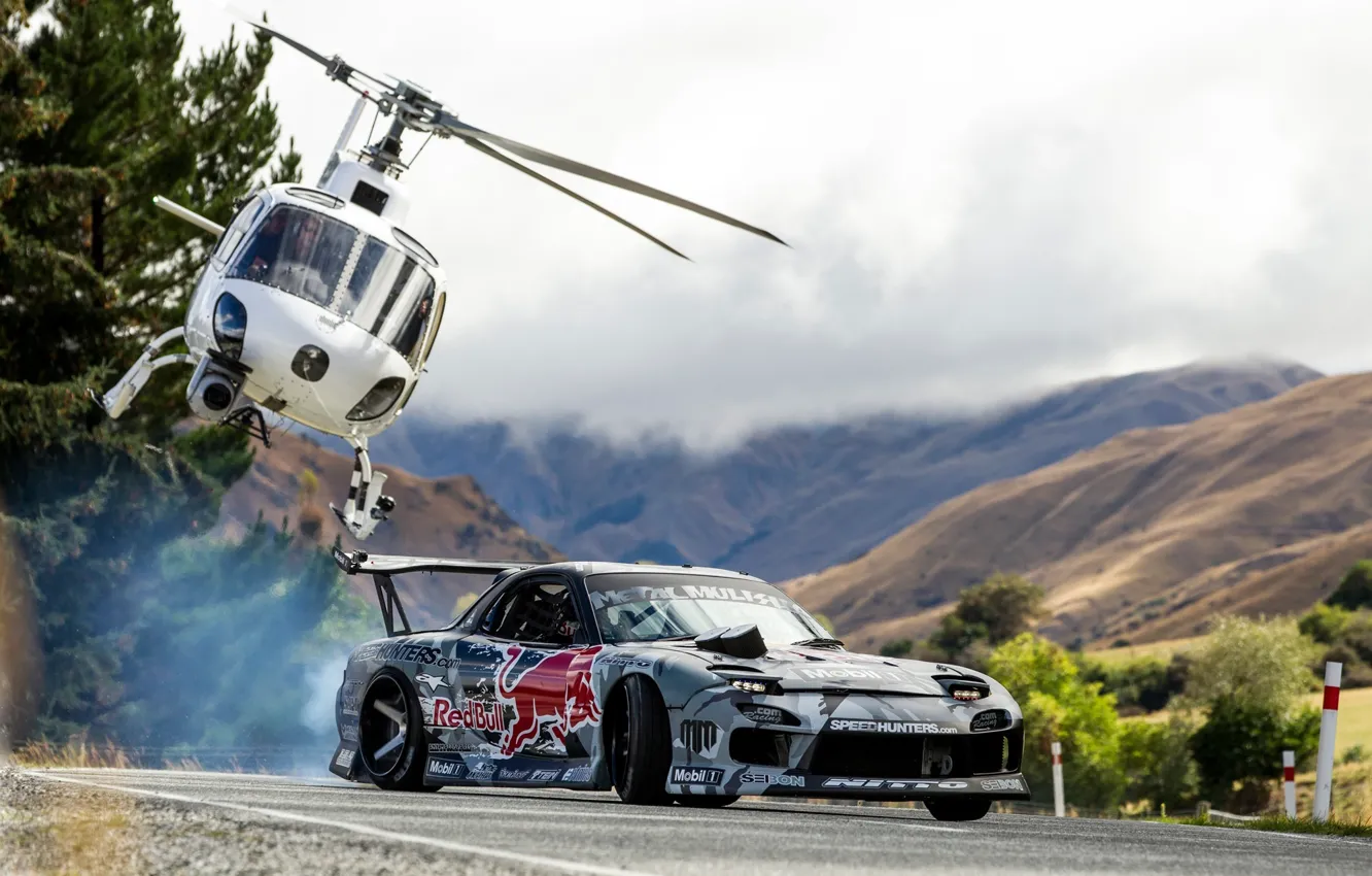 Фото обои Горы, Дрифт, Mazda, Drift, Red Bull, Mountain, Helicopter, Вертолёт