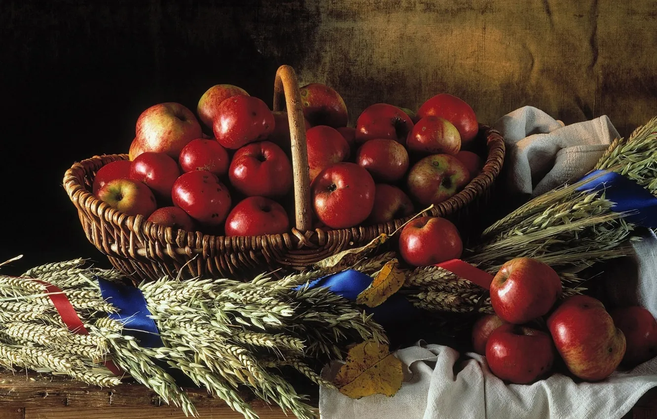 Фото обои корзина, яблоки, красные, Натюрморт, плетёная