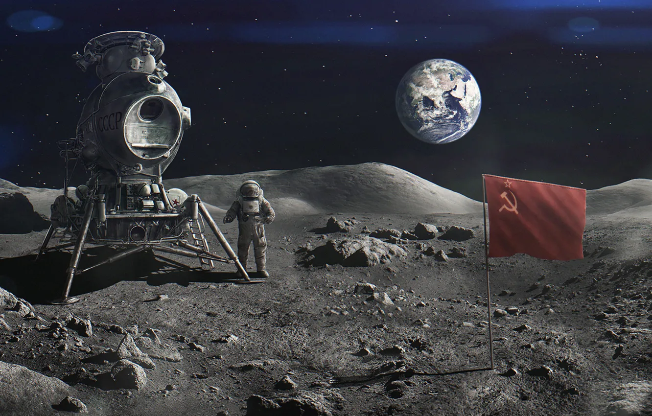 Фото обои земля, космонавт, Луна, флаг, ссср, ussr, Evgenij Kungur, Проект Н1-Л3