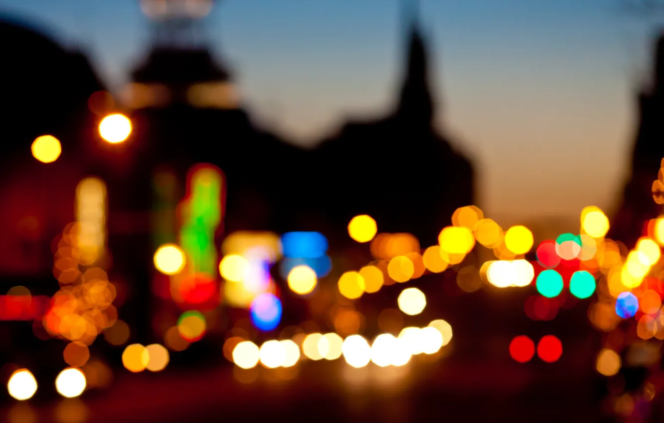 Фото обои свет, машины, город, улица, вечер, bokeh