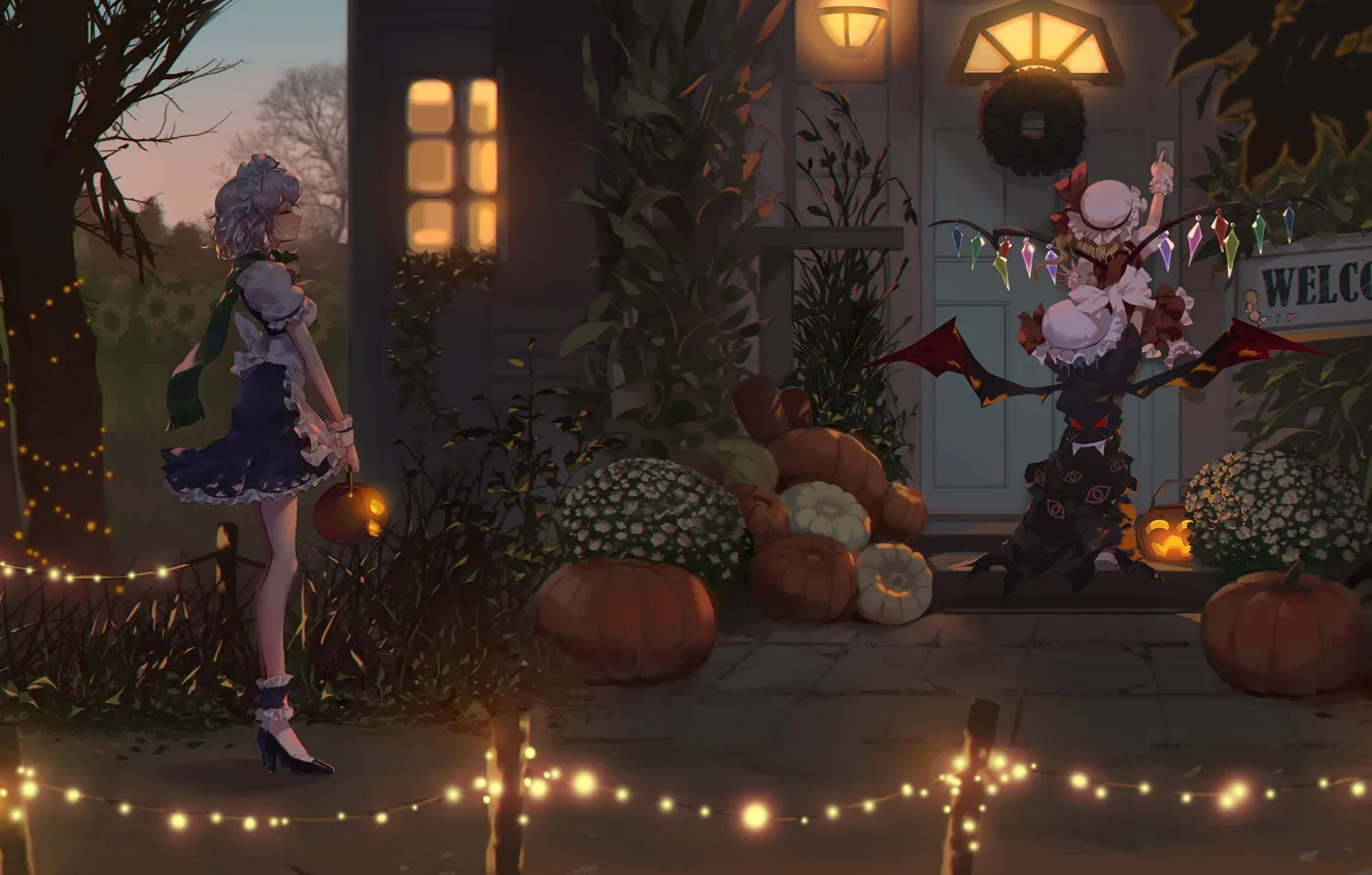 Фото обои Halloween, Anime, Izayoi Sakuya, Touhou Project, Remilia Scarlet, Flandre Scarlet