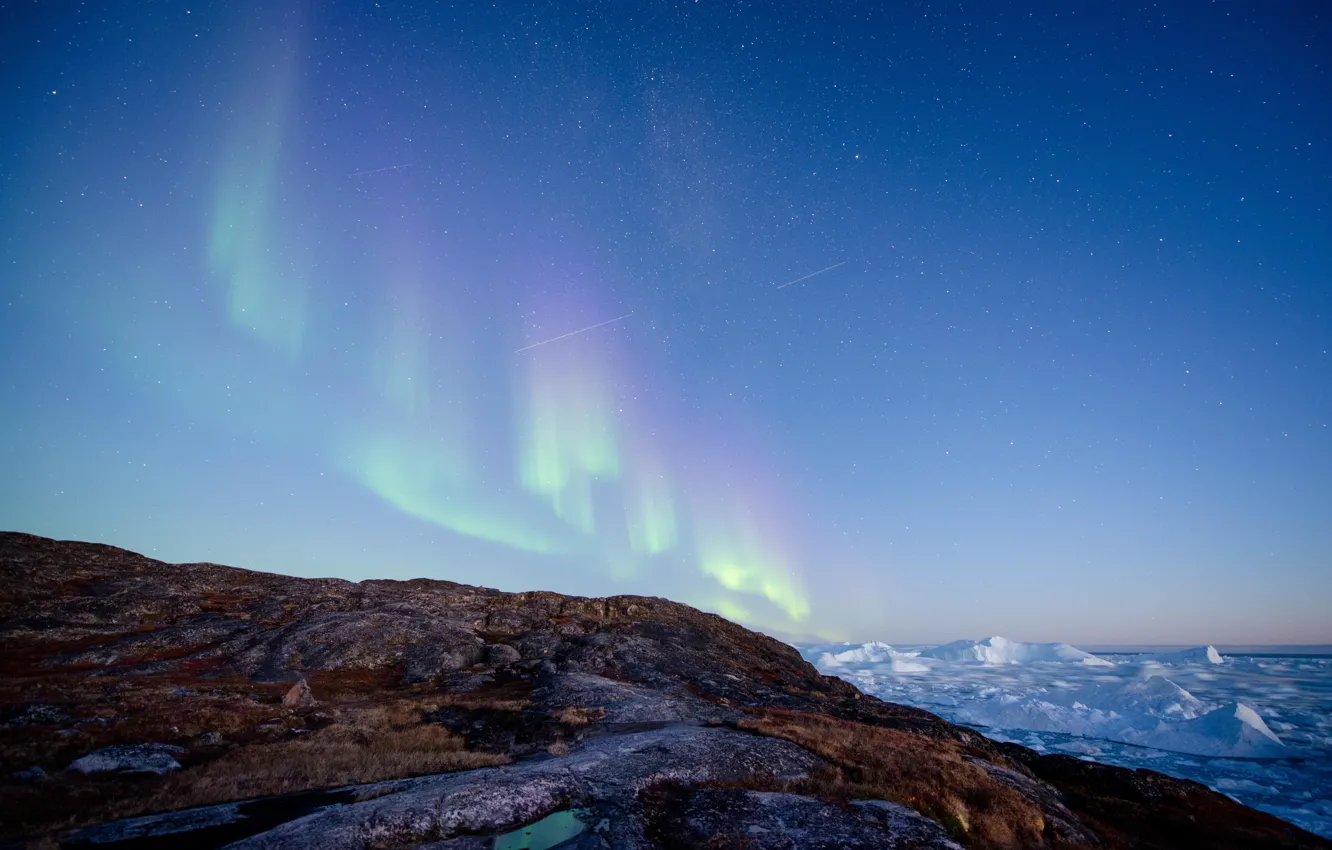 Фото обои stars, northern lights, aurora borealis, ice floes