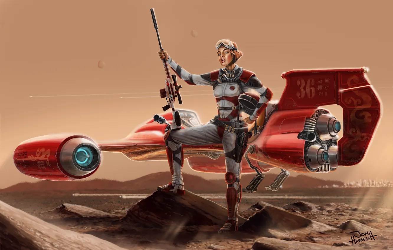 Фото обои девушка, горы, пустыня, планета, марс, пилот, красная, винтовка