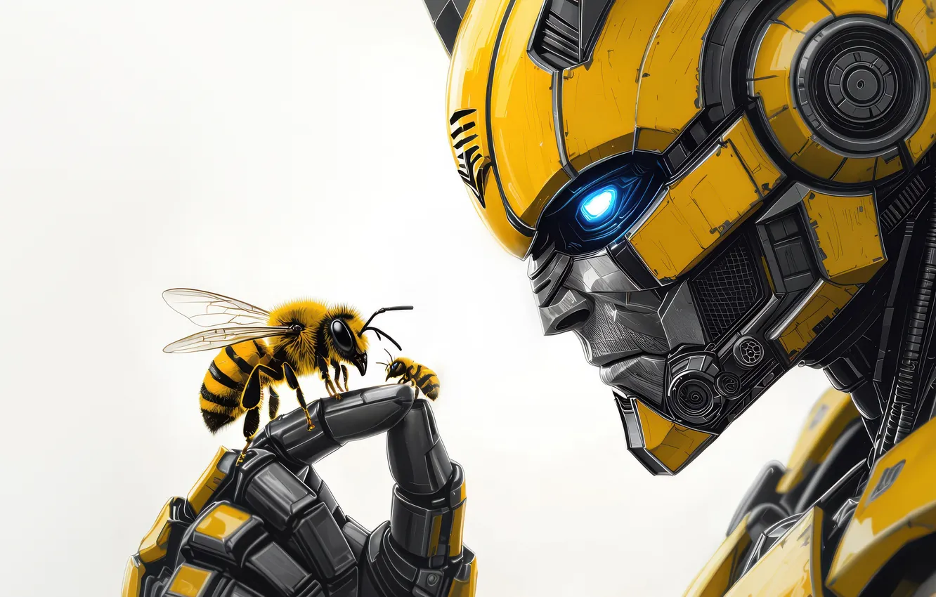 Фото обои желтый, оса, арт, белый фон, трасформеры, Бамблби, Bumblebee