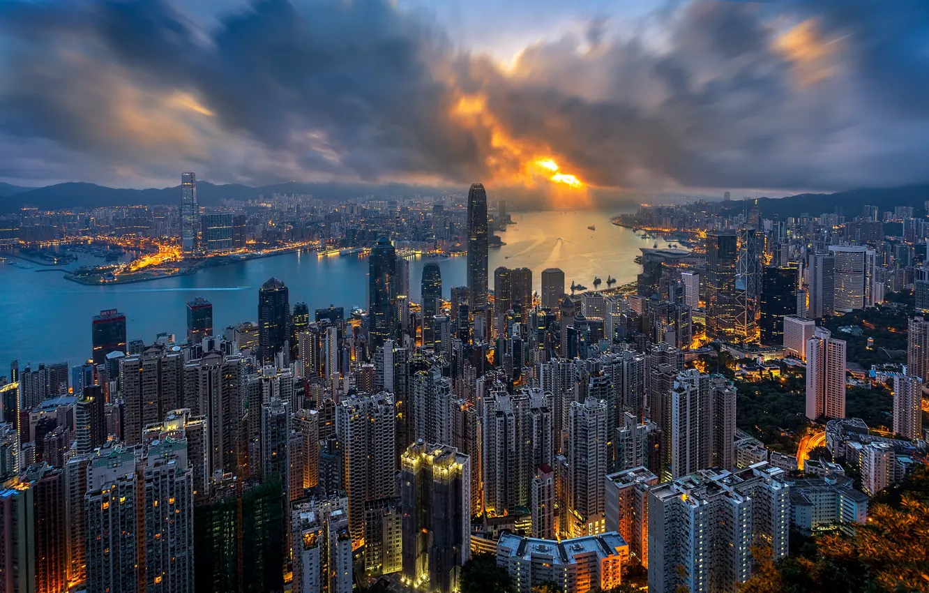 Фото обои City, Clouds, Sky, Sunset, Hong Kong, Sea