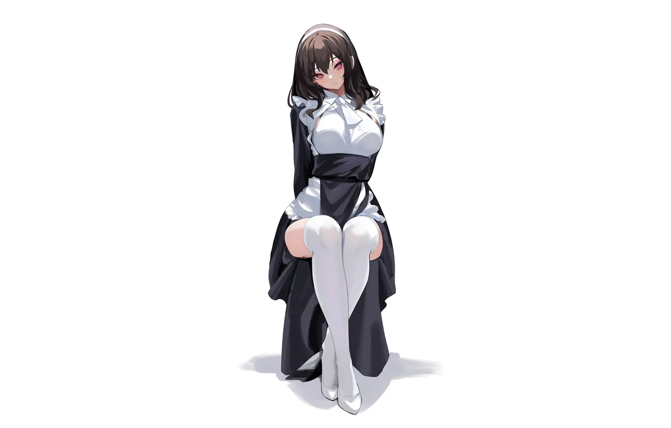 Фото обои sitting, white stockings, anime girls, thighs, simple background, maid outfit, white legwear