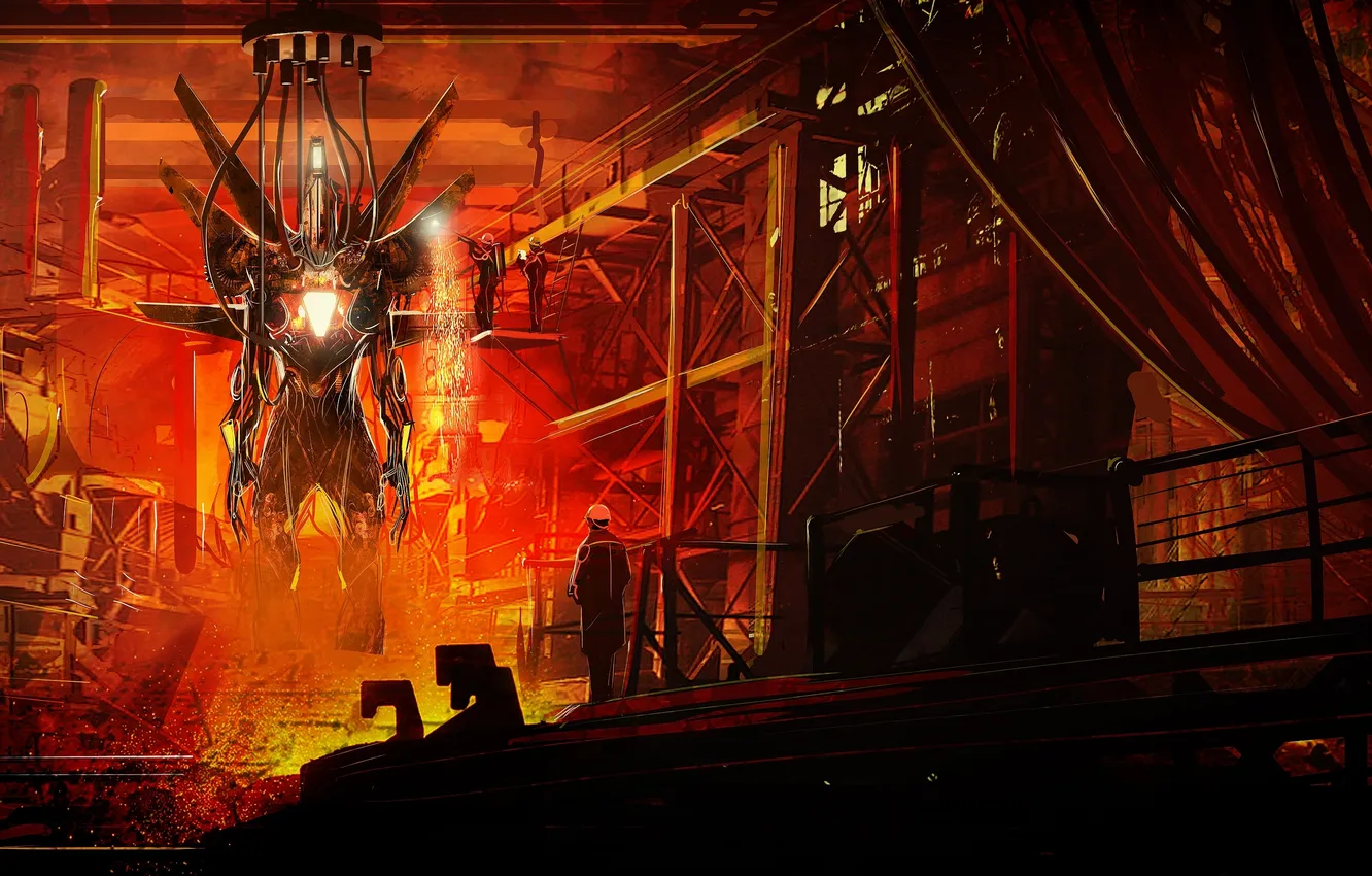 Фото обои металл, огонь, провода, завод, человек, робот, арт