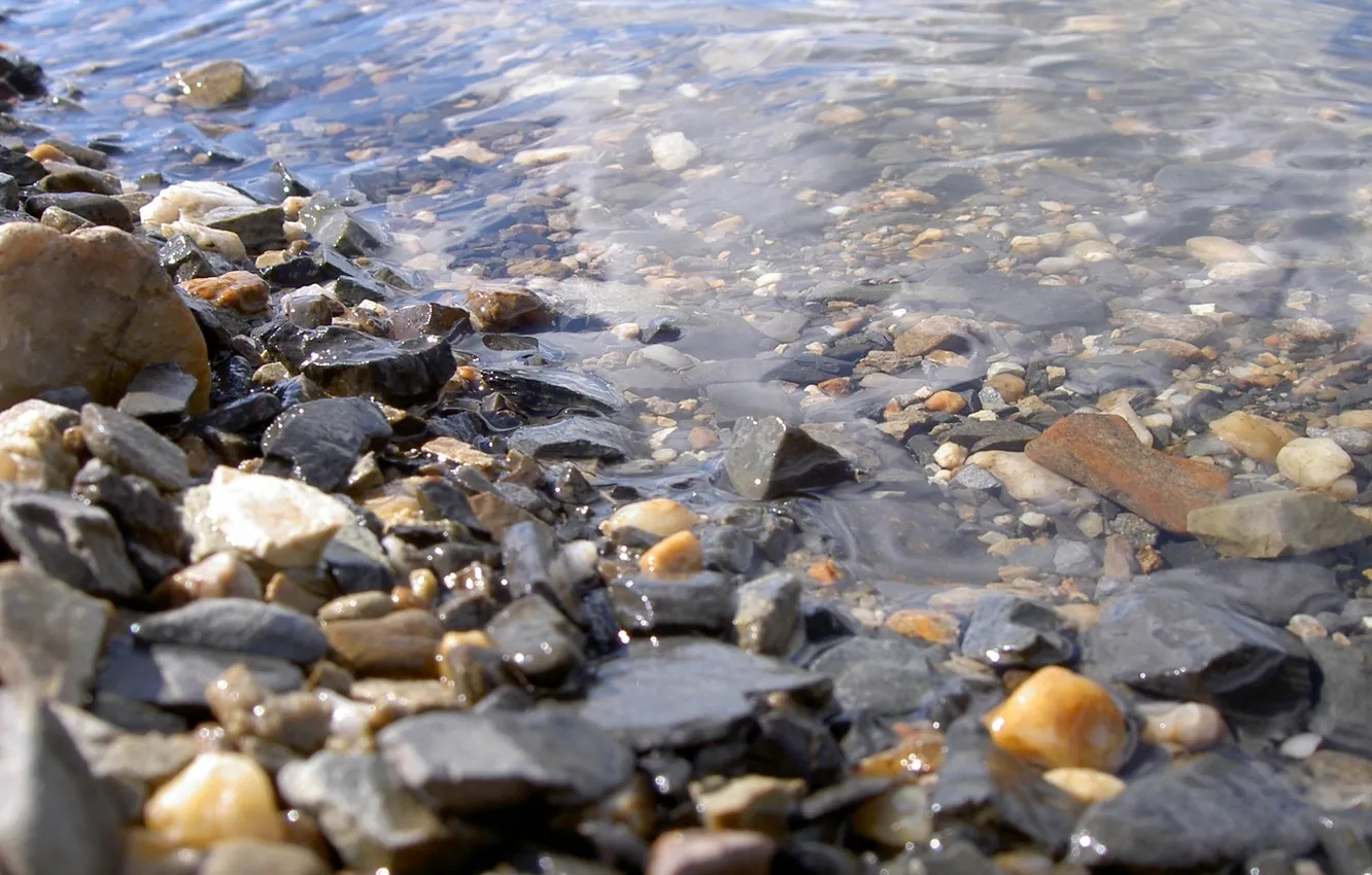 Фото обои вода, макро, галька, берег, Камни, камушки, камешки