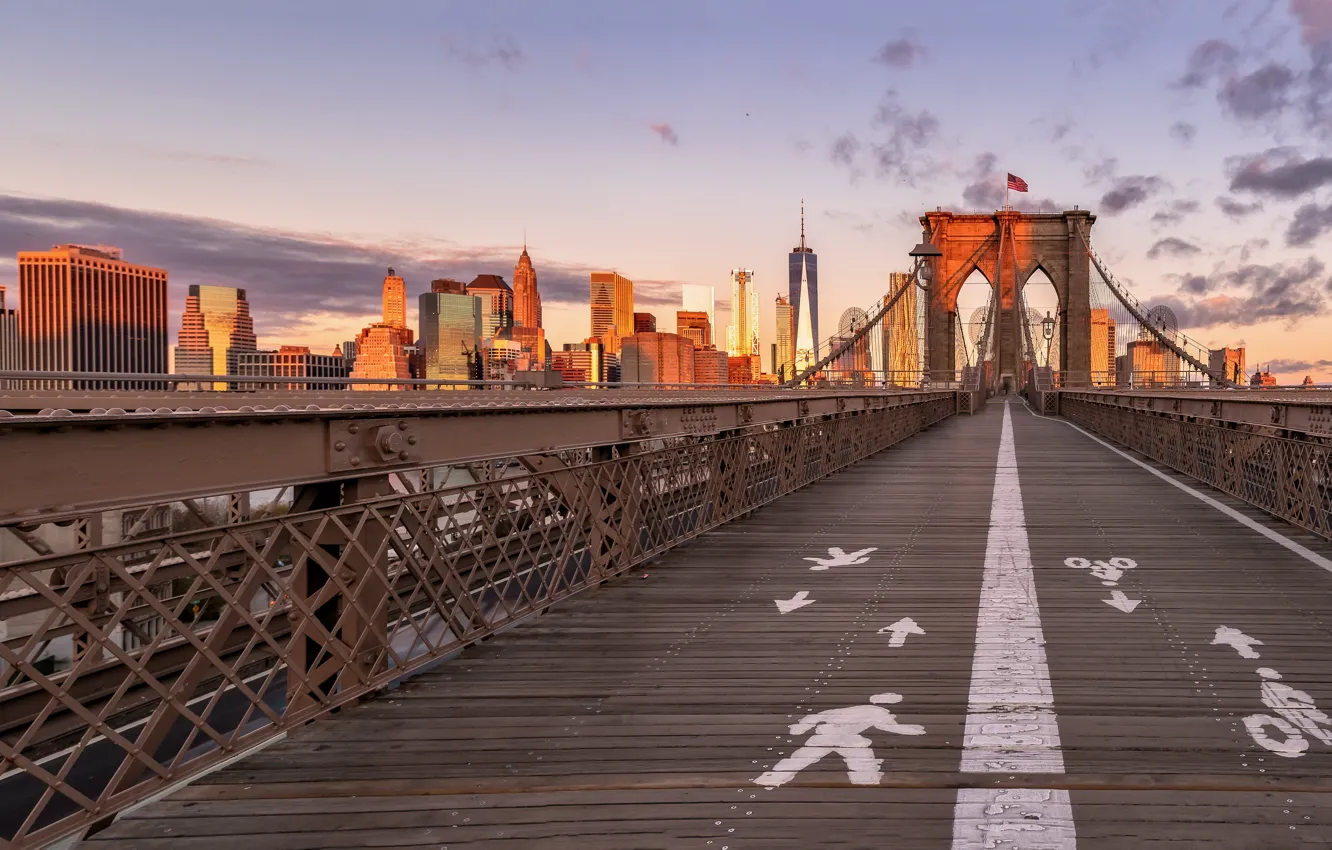 Фото обои мост, здания, Нью-Йорк, Бруклинский мост, Манхэттен, небоскрёбы, Manhattan, New York City