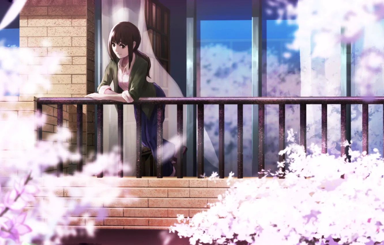 Фото обои девушка, весна, сакура, балкон