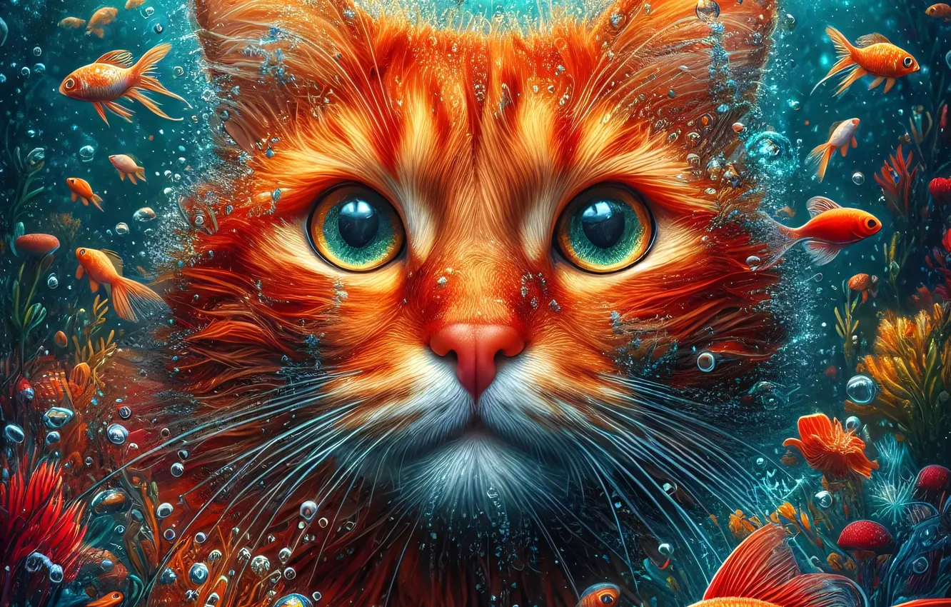 Фото обои кошка, кот, взгляд, вода, рыбки, поза, портрет, рыжий