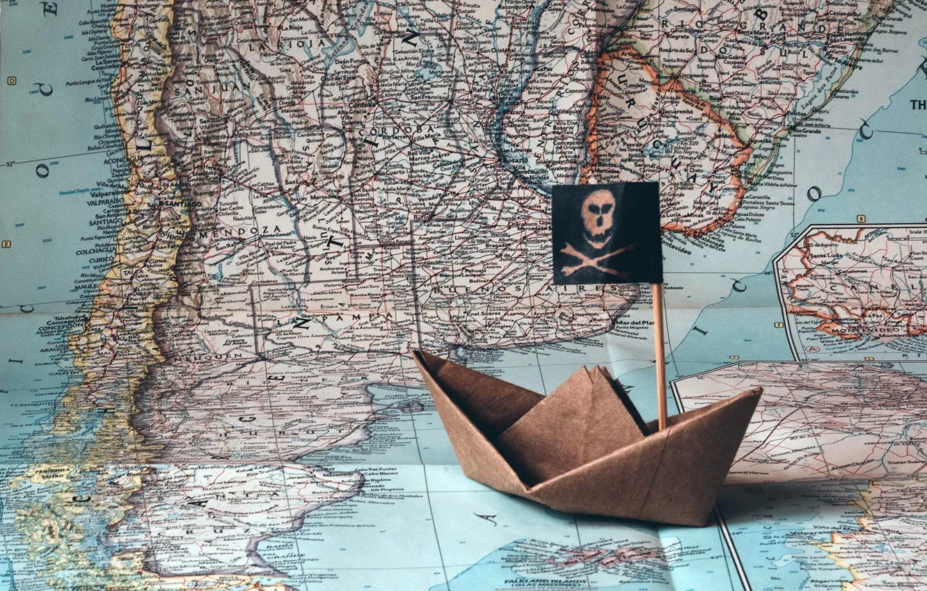 Фото обои корабль, карта, оригами