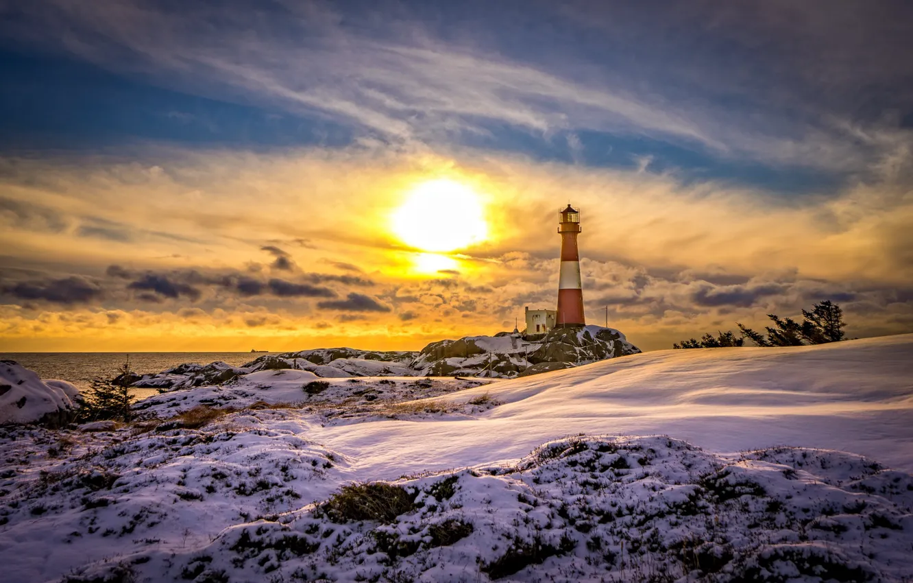 Фото обои зима, море, закат, побережье, маяк, Норвегия, Norway, lighthouse