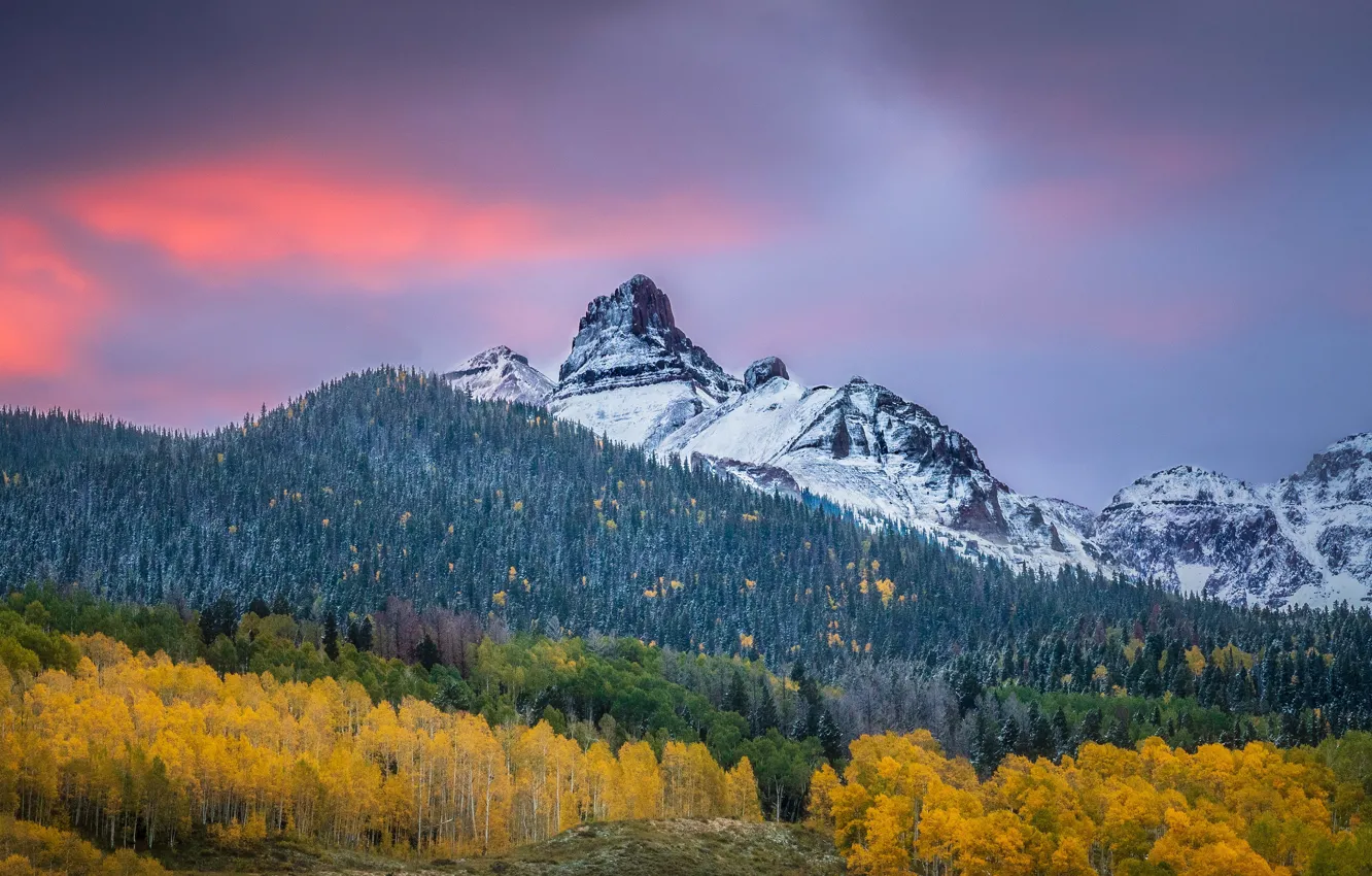 Фото обои осень, лес, небо, облака, снег, горы, склоны, гора