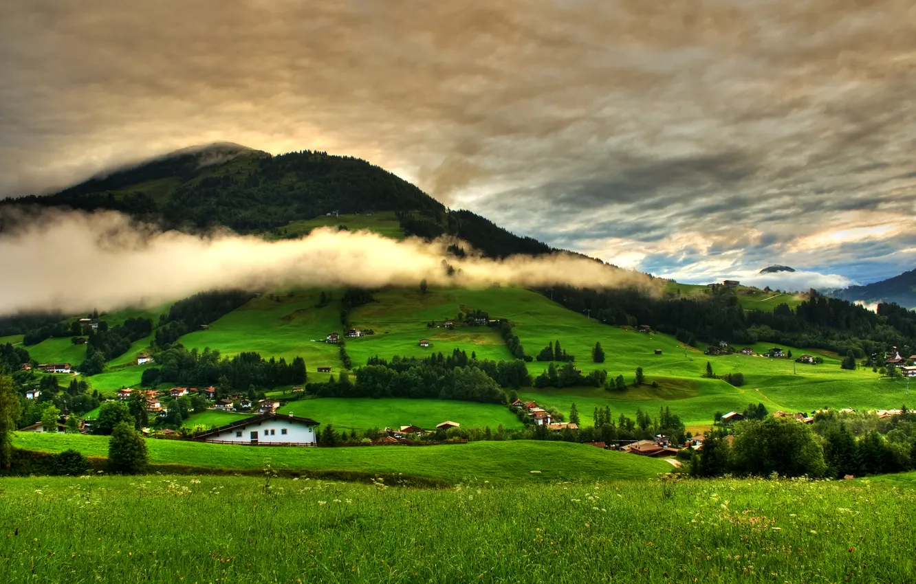 Фото обои небо, трава, облака, деревья, пейзаж, горы, природа, green