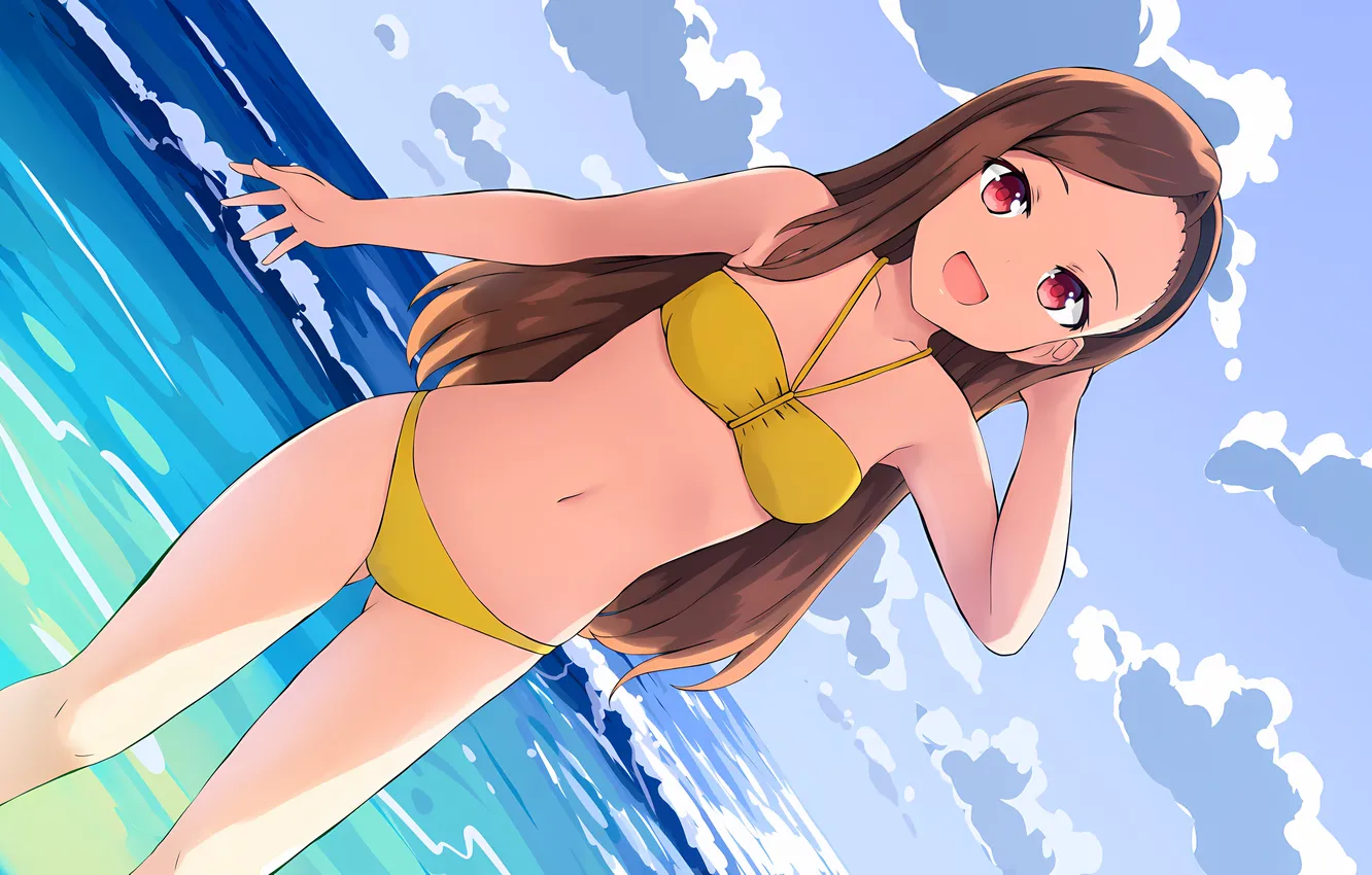 Фото обои girl, sexy, beach, long hair, sea, brown hair, anime, beautiful