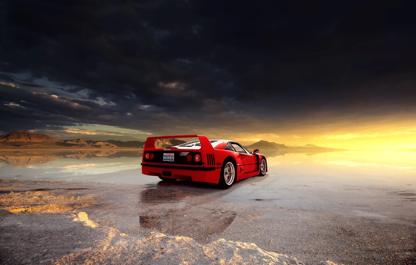 Фото обои Ferrari, sky, sunset, clouds, Utah, Ferrari F40, Bonneville Salt Flats, salt lake