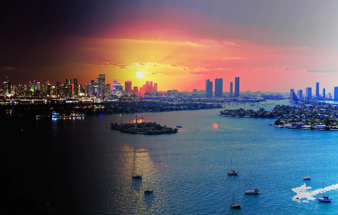 Фото обои огни, Майами, вечер, Флорида, панорама, Miami, florida