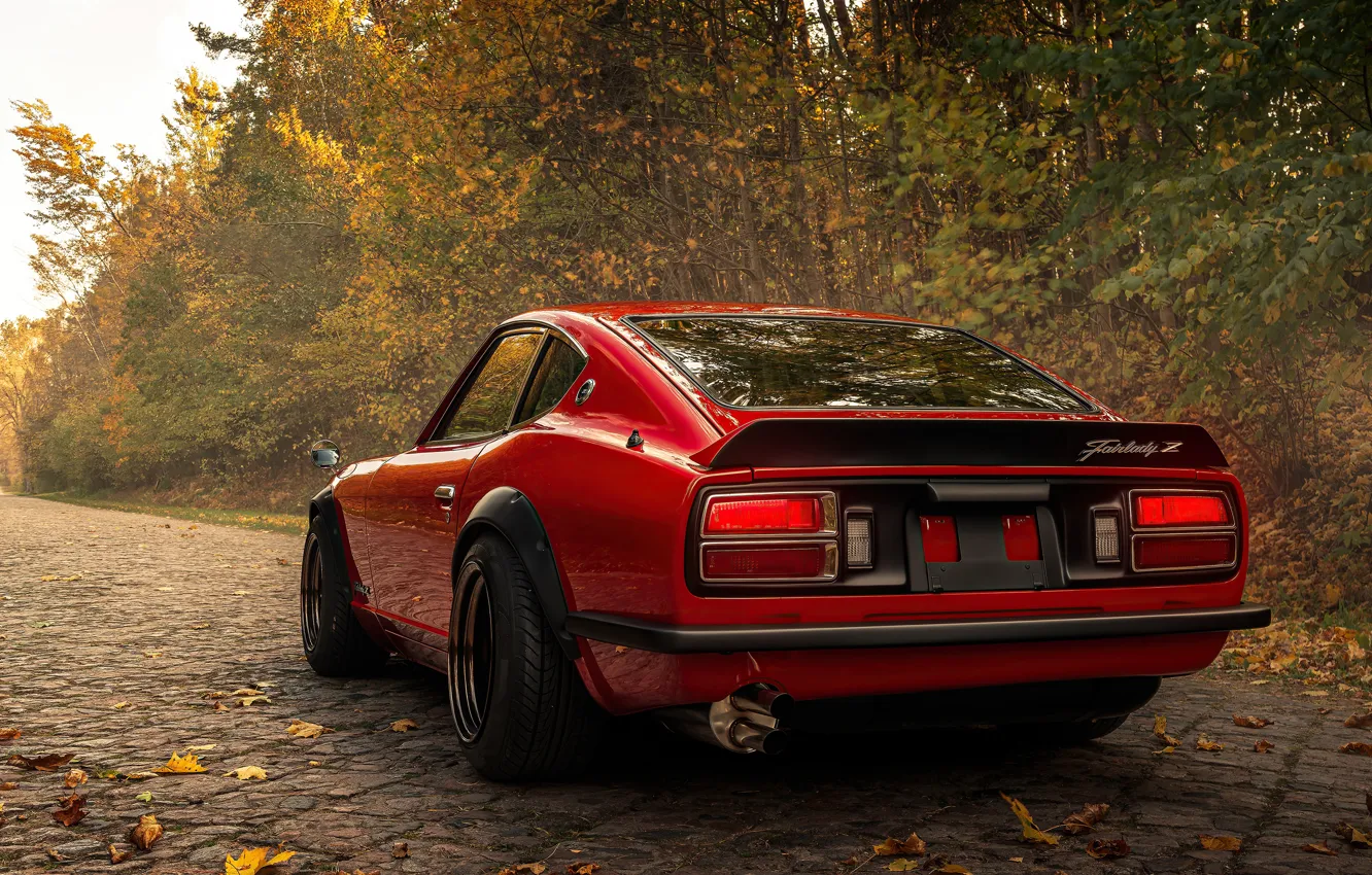 Фото обои Nissan, Red, Datsun, Autumn, Road, Forest, Rear, Fairlady Z