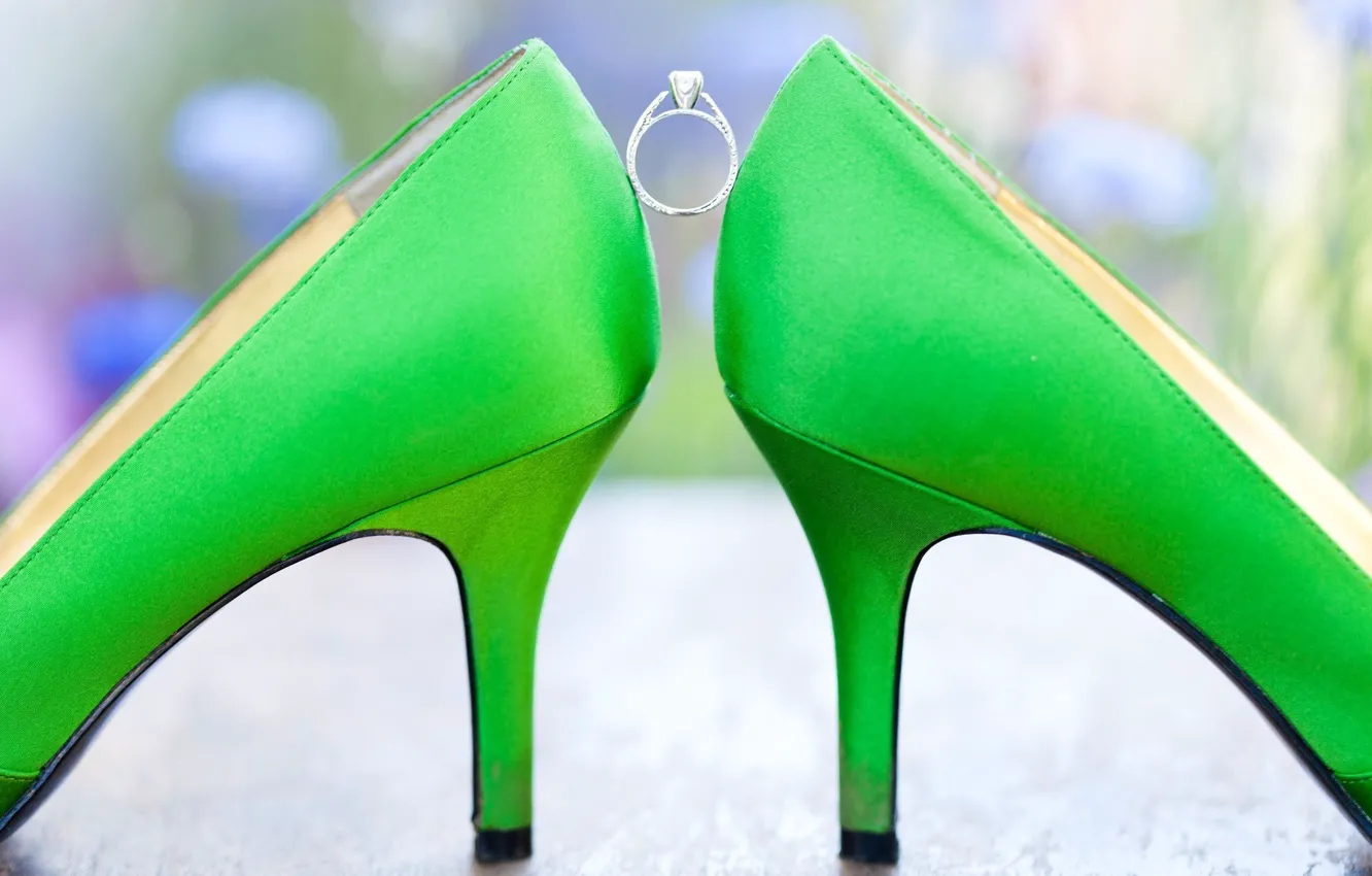 Фото обои зеленый, кольцо, туфли, свадьба