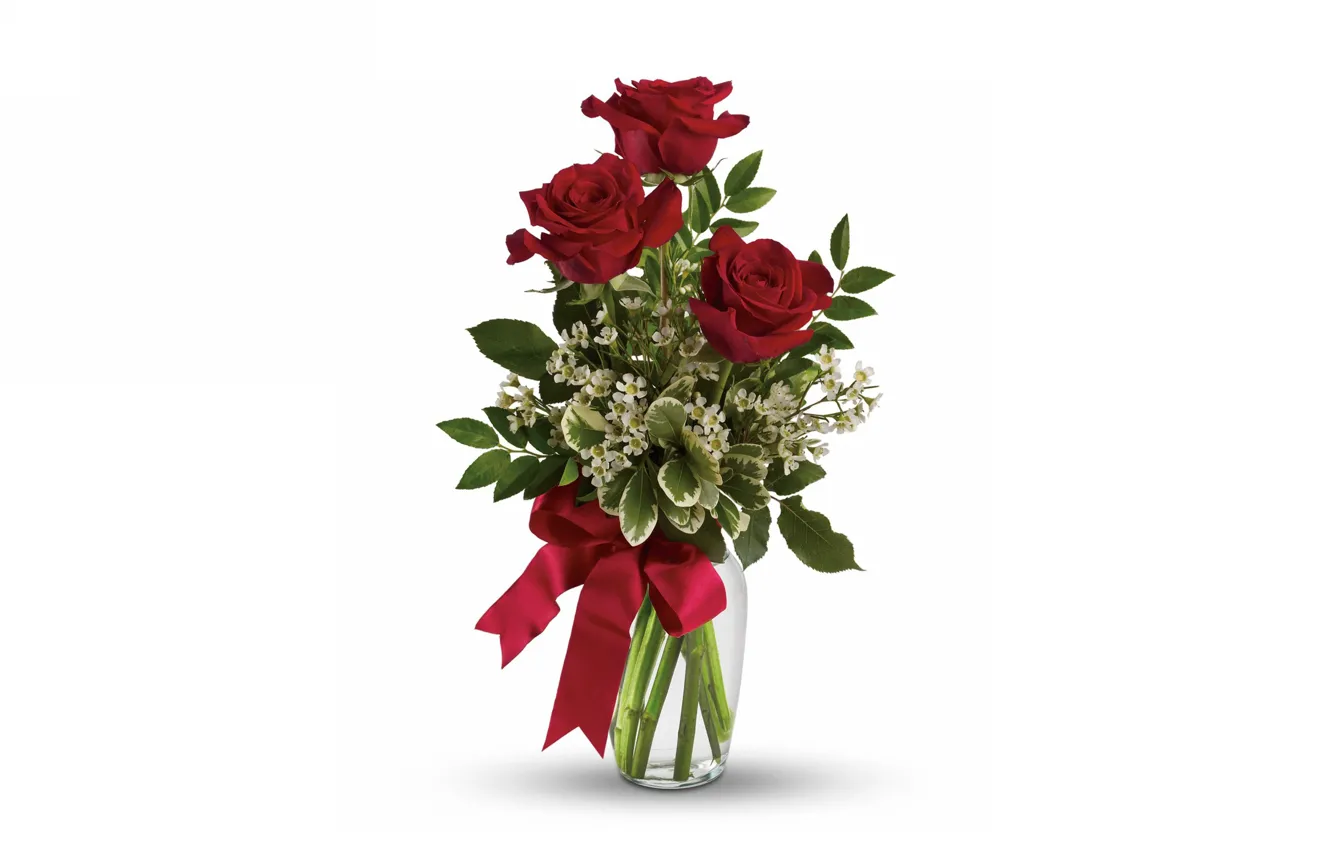 Фото обои розы, букет, ваза, бант
