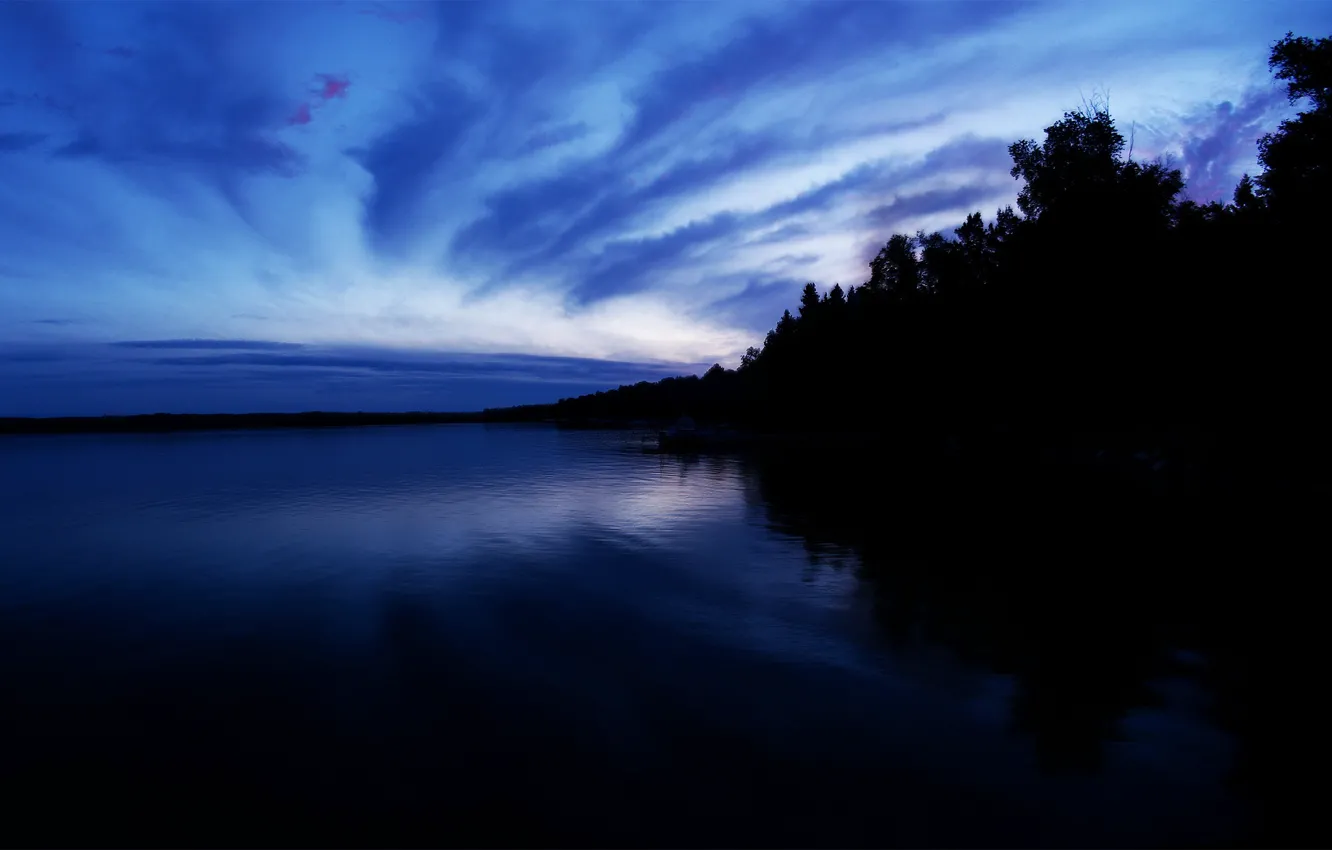 Фото обои облака, синий, озеро, Вечер
