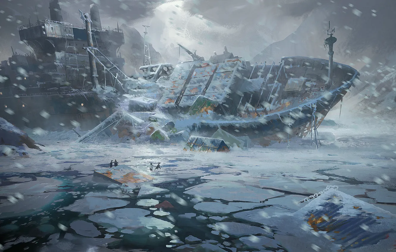 Фото обои холод, лед, море, снег, люди, корабль, катастрофа, арт