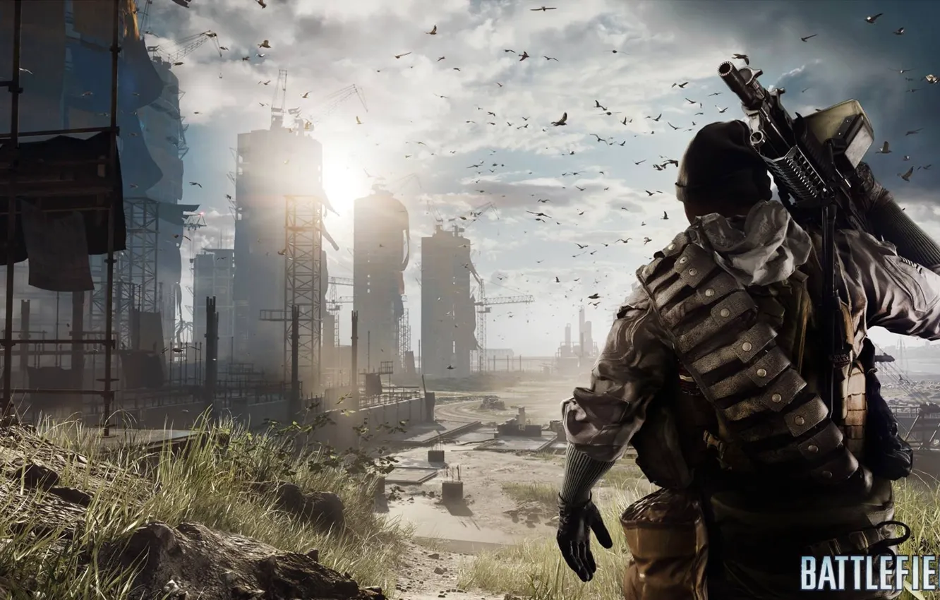 Фото обои небо, солдат, пулемёт, Battlefield 4