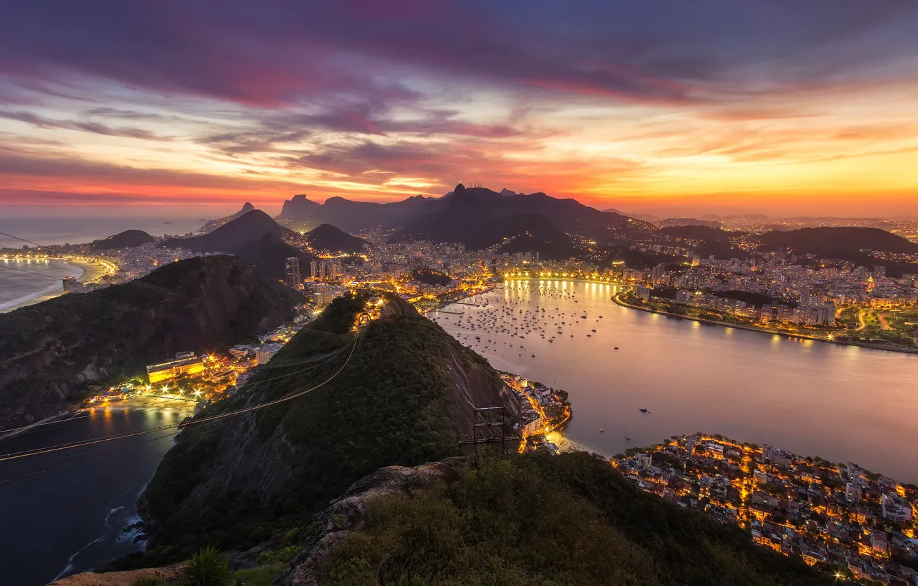 Фото обои город, огни, вечер, Бразилия, Рио де Жанейро