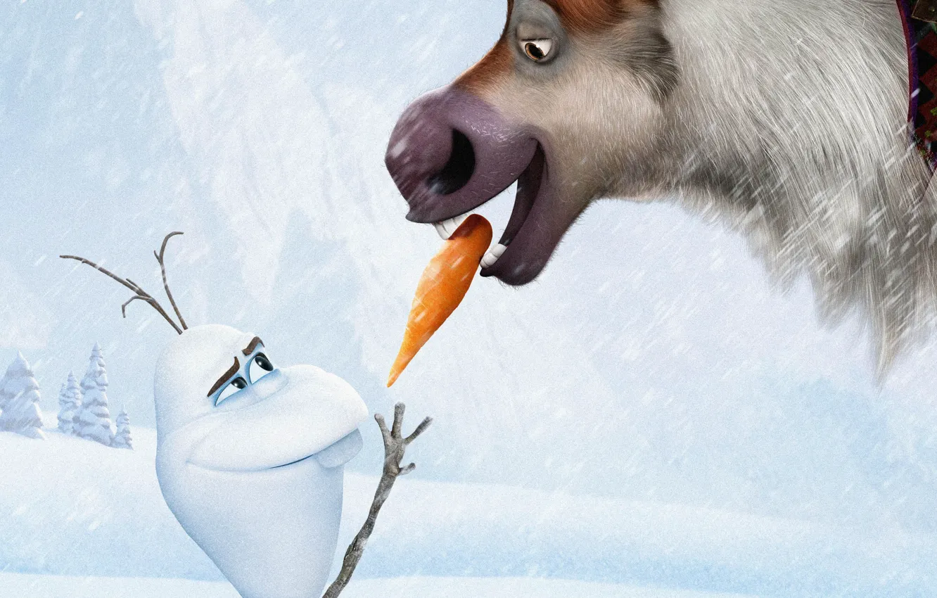 Фото обои снег, лёд, олень, морковка, снеговик, Frozen, королевство, Walt Disney