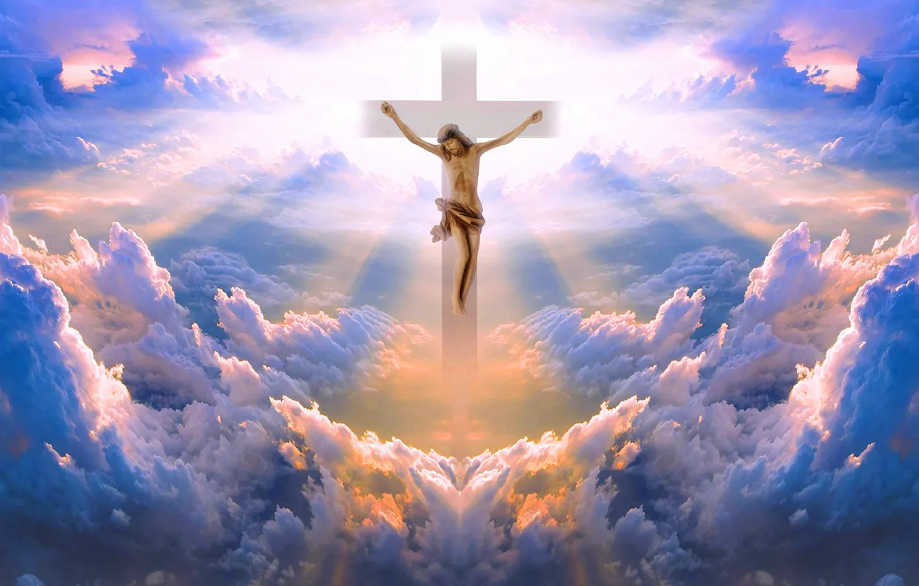 Фото обои Иисус, Облака, Крест, Религия, Иисус Христос, Распятие, Лучи солнца, Иисус из Назарета