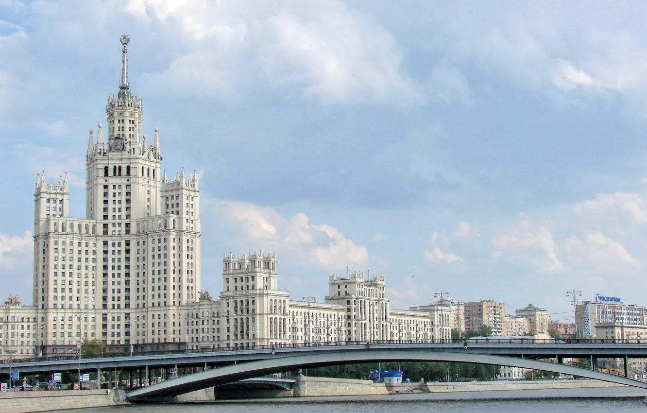 Фото обои мост, дом, река, фон, widescreen, обои, здания, Москва