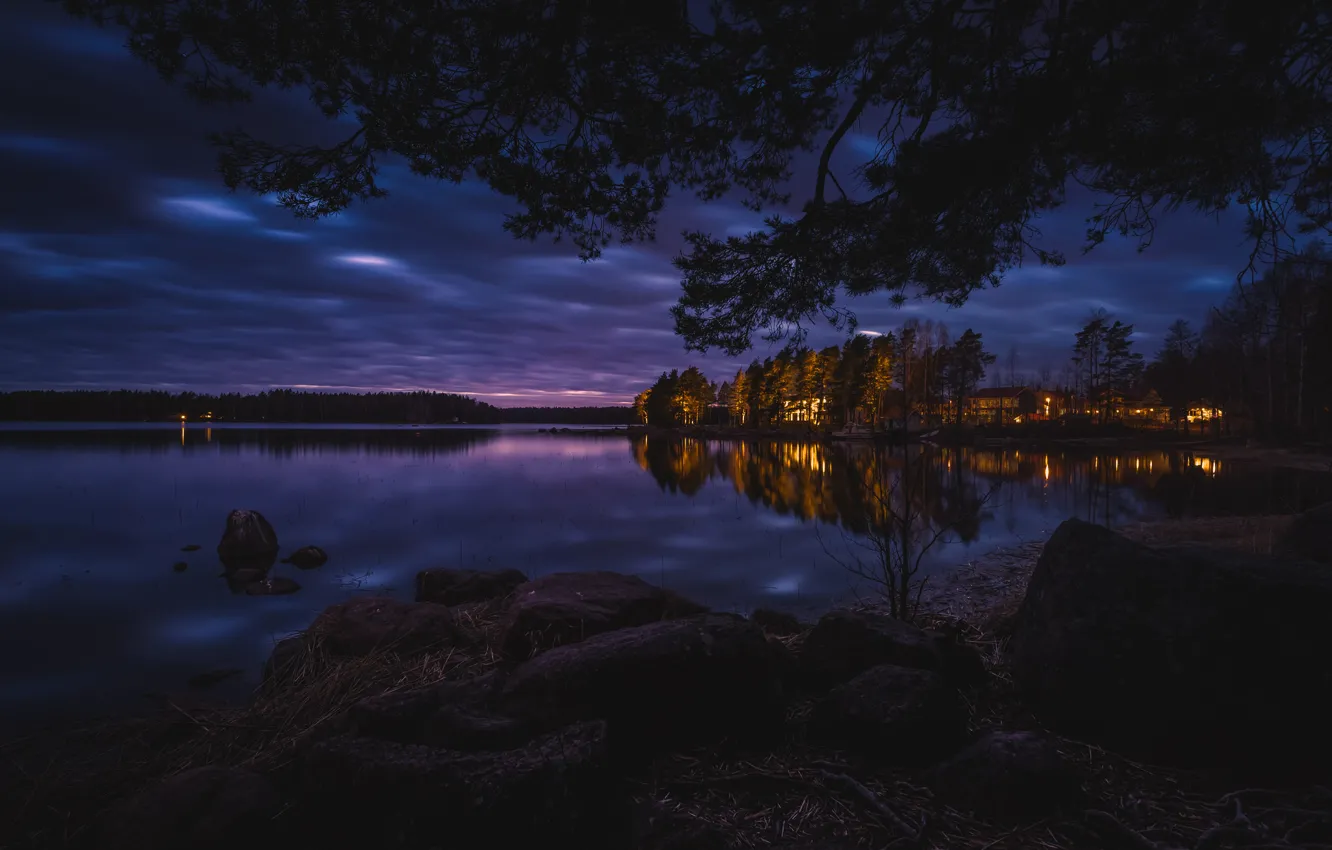 Фото обои лес, ночь, огни, озеро, лодка, дома