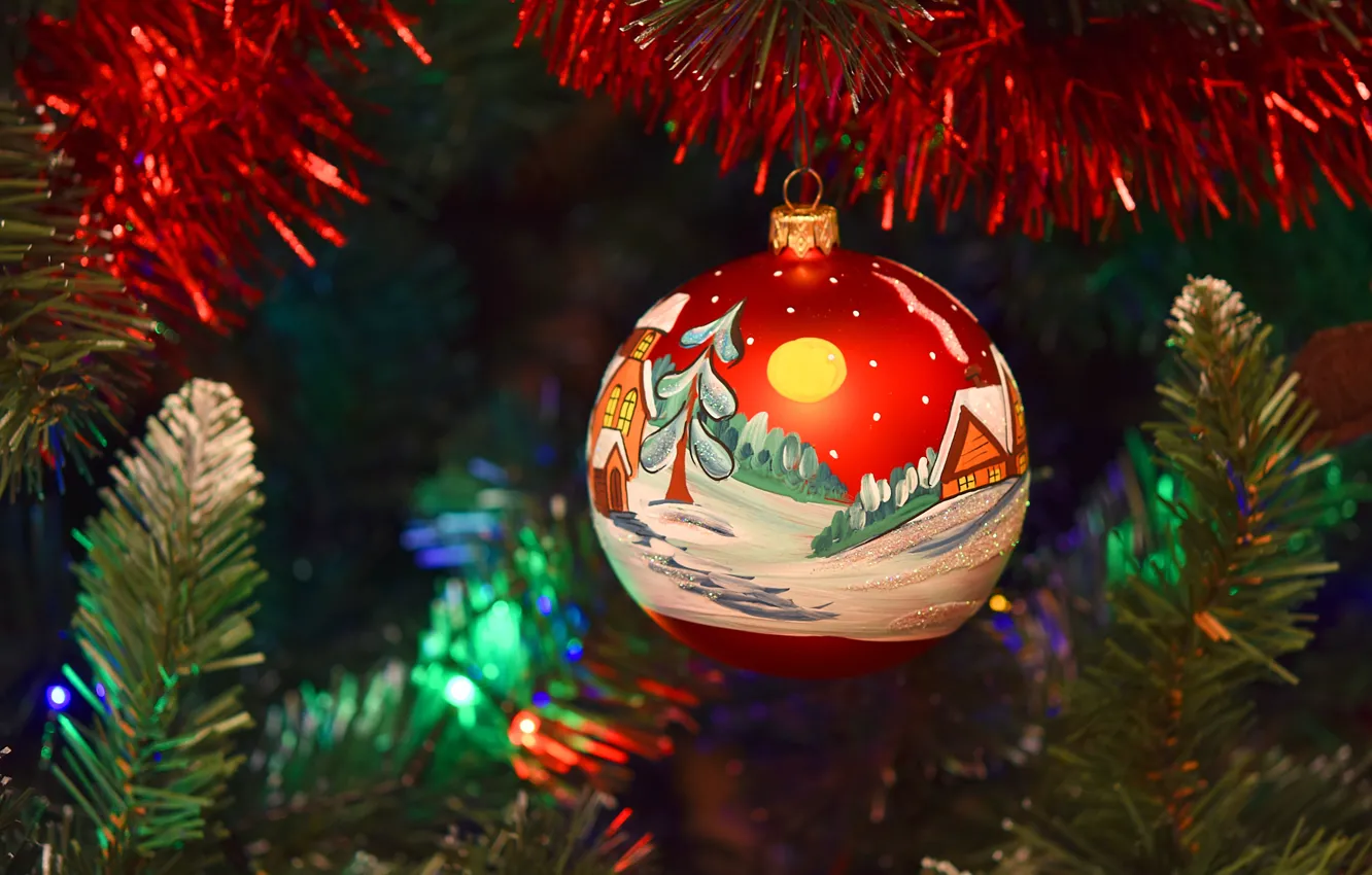 Фото обои шар, Новый Год, Рождество, украшение, мишура, Christmas, роспись, New Year