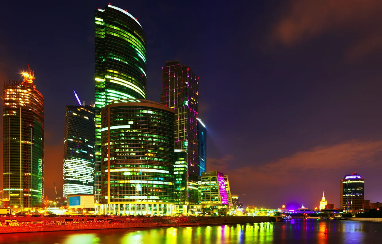 Фото обои пейзаж, река, ночные огни, небоскребы, Город, Москва
