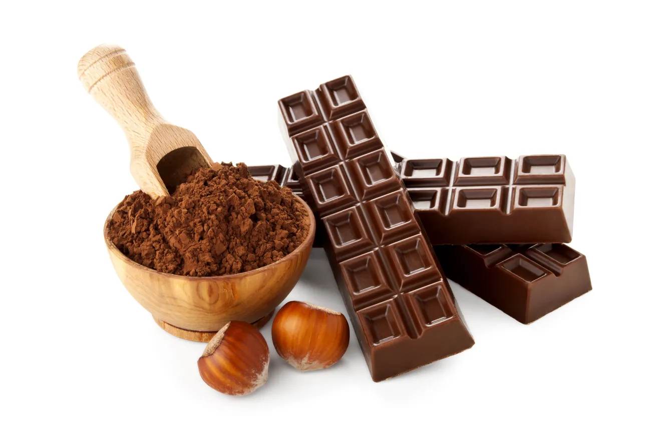 Фото обои шоколад, чашка, белый фон, орехи, фундук, какао, батончик, порошок