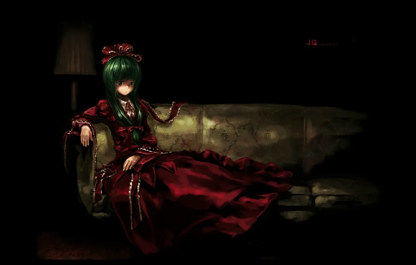 Фото обои одиночество, ведьма, game, зеленые волосы, touhou, тоска, Kagiyama Hina, в темноте