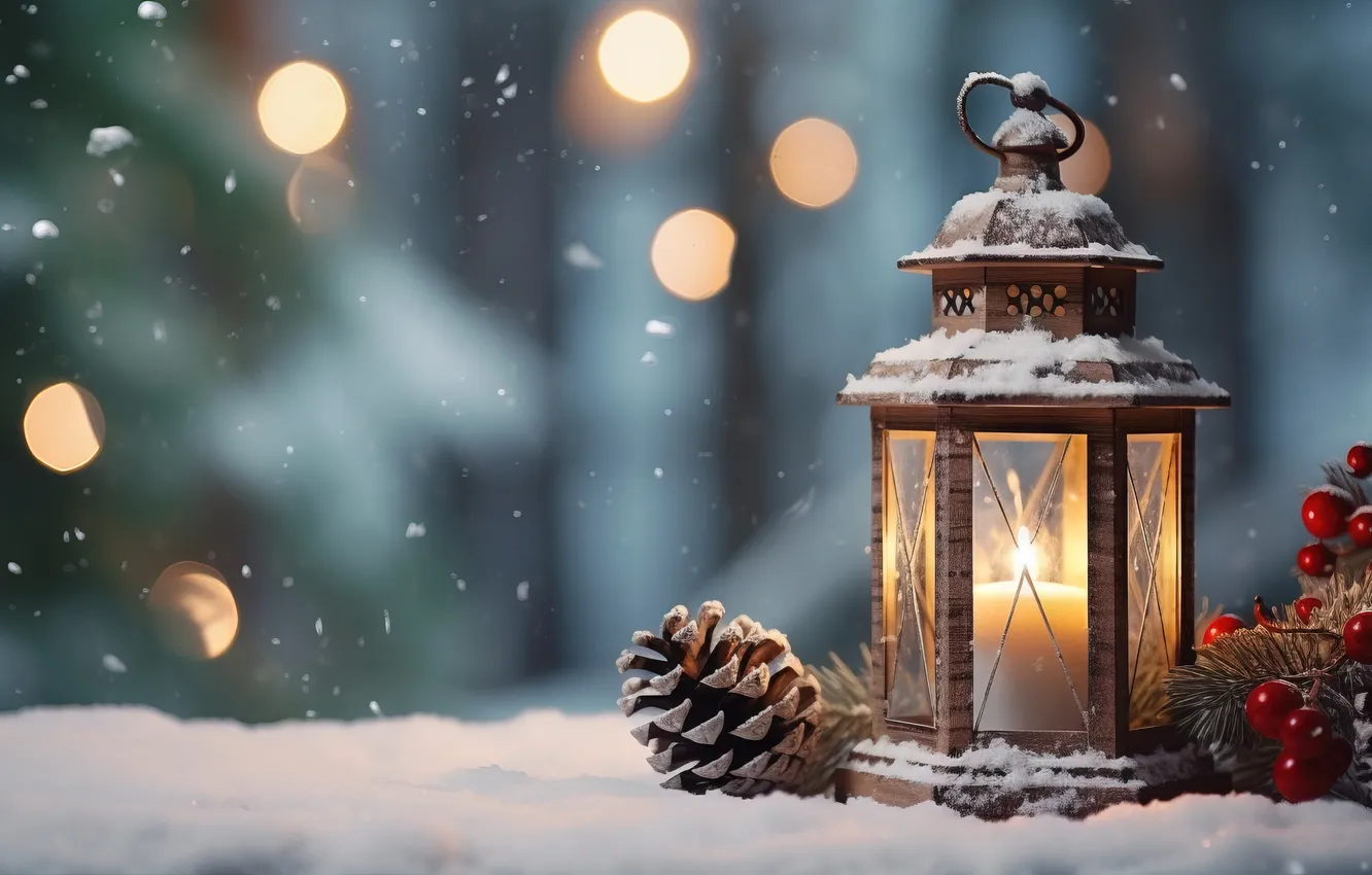 Фото обои зима, снег, ночь, Рождество, фонарь, Новый год, Christmas, night