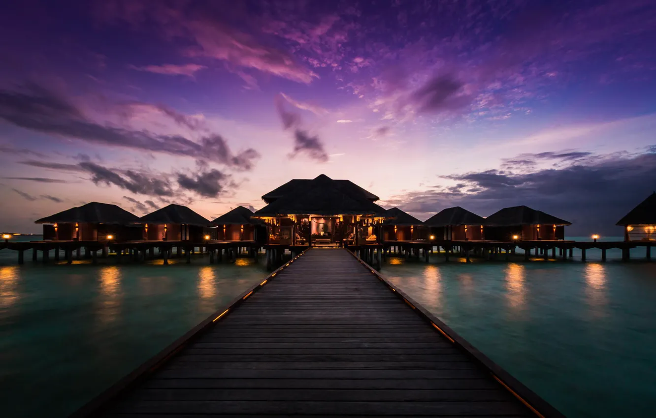 Фото обои закат, океан, пирс, бунгало, Maldives, Anantara Resort, Anantara Veli Resort and Spa