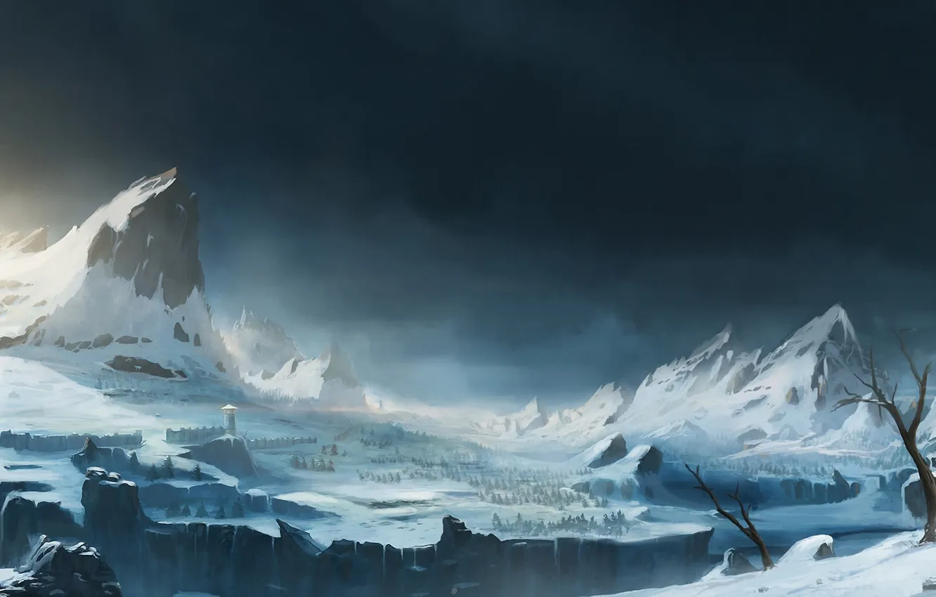Фото обои снег, деревья, горы, ущелье, нарисованный пейзаж
