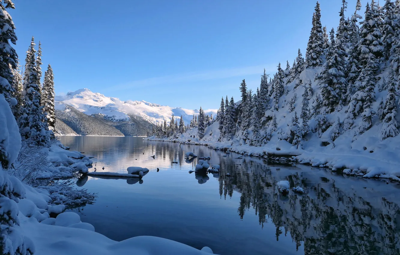 Фото обои зима, снег, горы, озеро, отражение, Канада, Canada, British Columbia