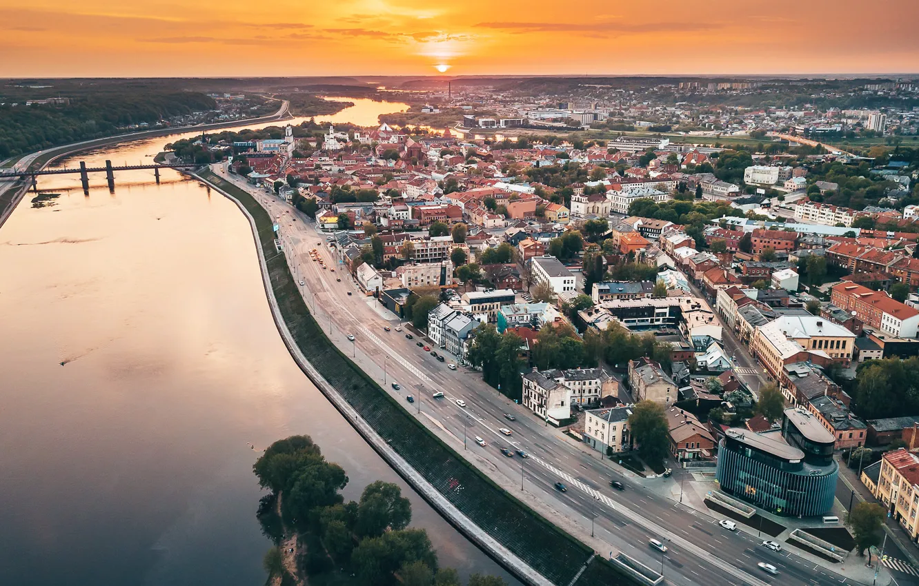 Фото обои закат, город, Lietuva, Kaunas
