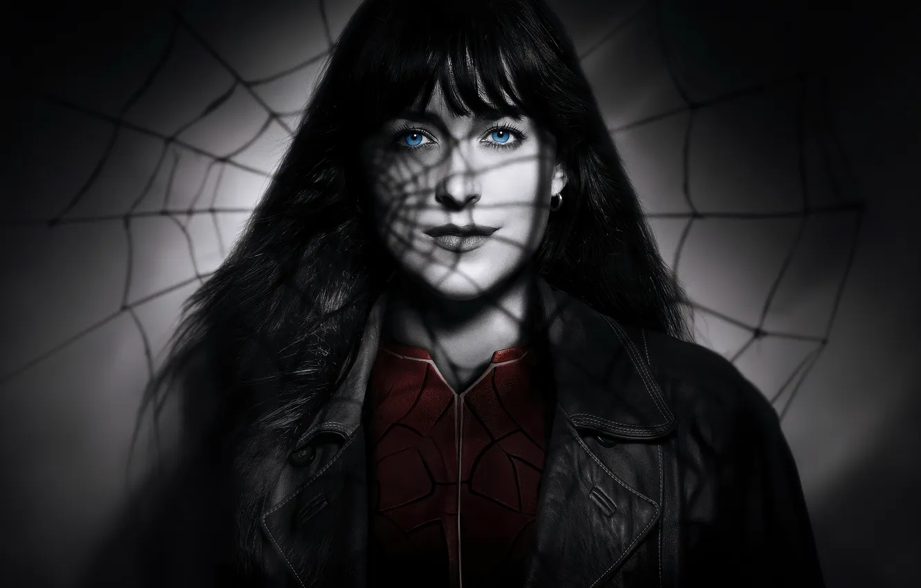 Фото обои паутина, черно-белое, постер, комикс, MARVEL, Dakota Johnson, Дакота Джонсон, Madame Web