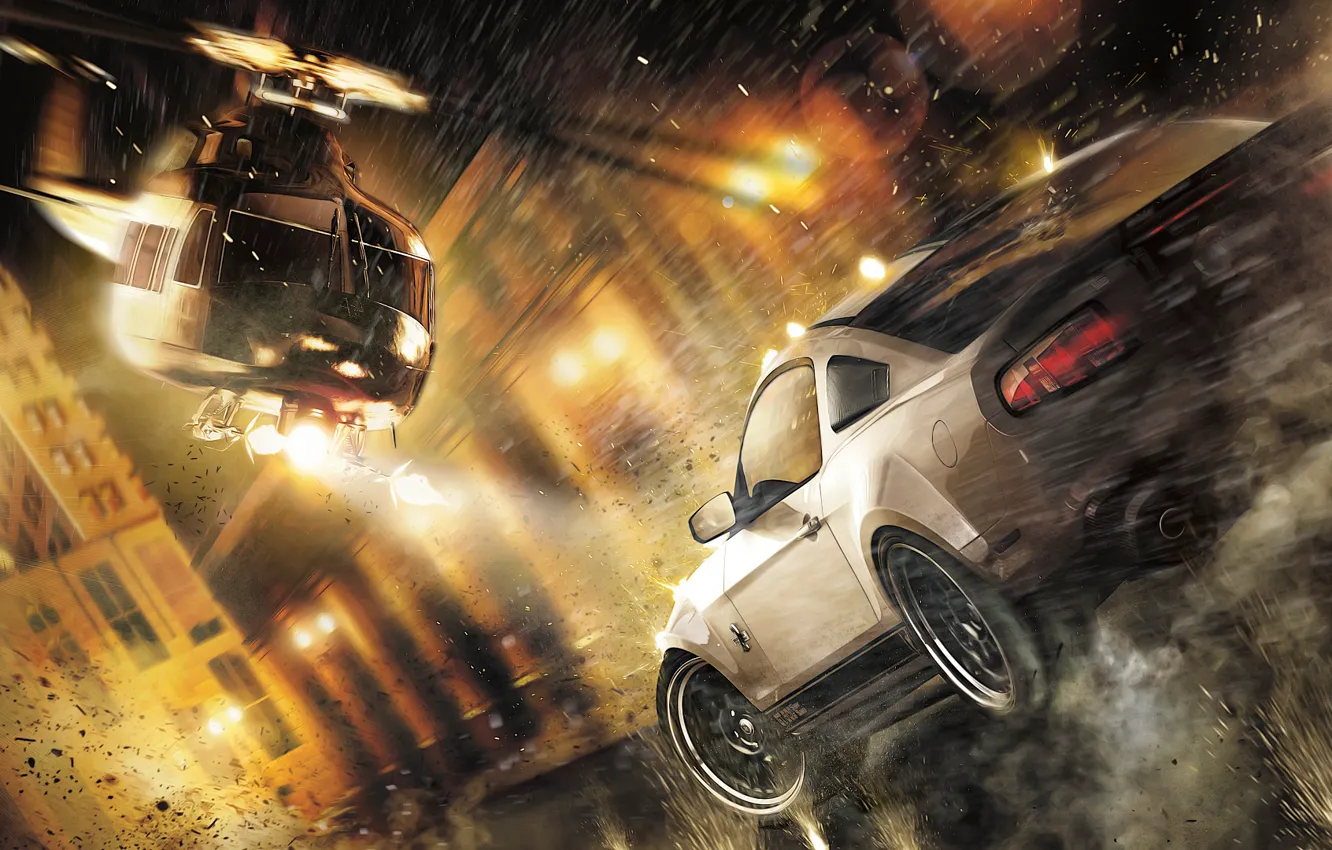 Фото обои улица, скорость, погоня, вертолет, выстрелы, Ford Mustang Shelby GT500, Need for Speed: The Run
