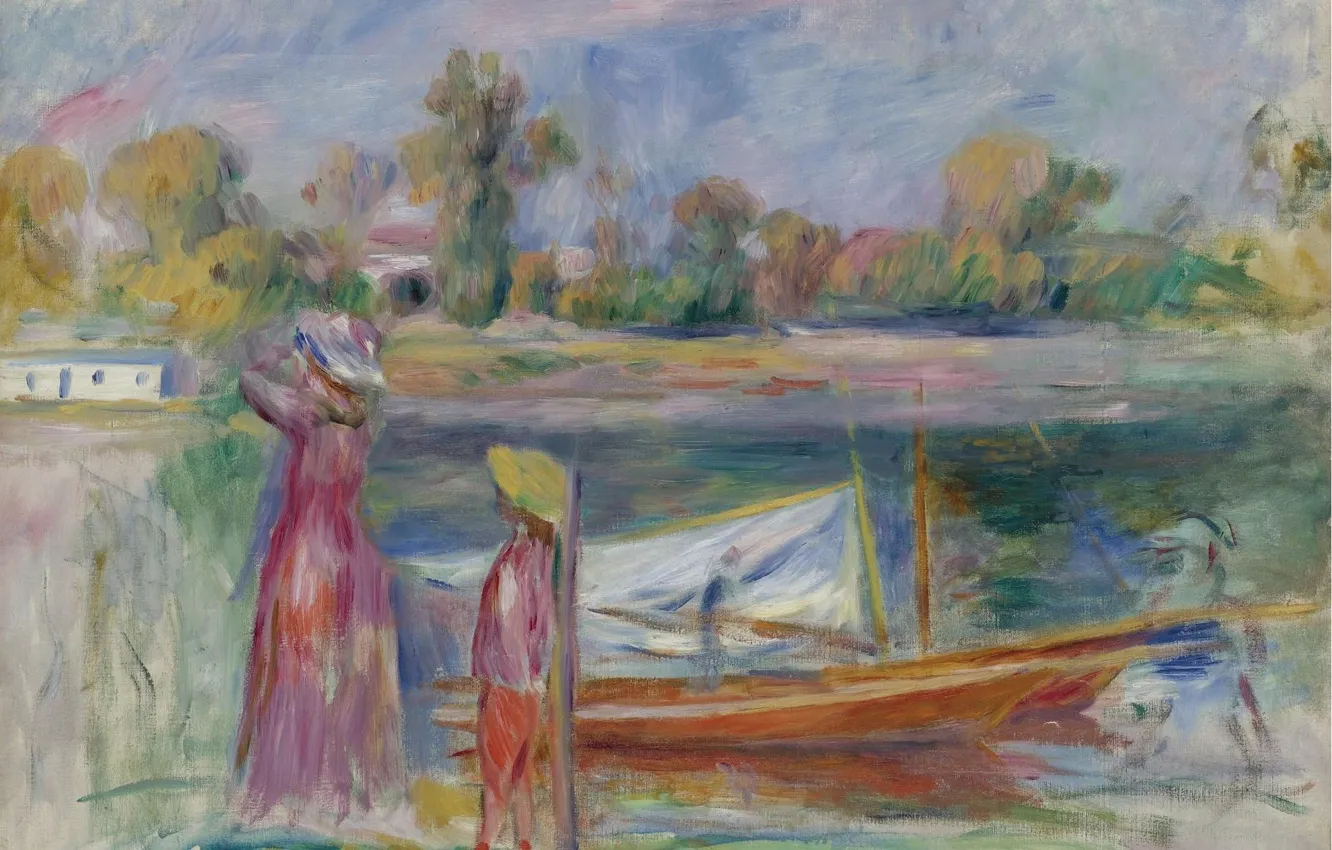 Фото обои пейзаж, лодка, картина, 1896, Пьер Огюст Ренуар, Pierre Auguste Renoir, Молодые девушки в Аржантёй